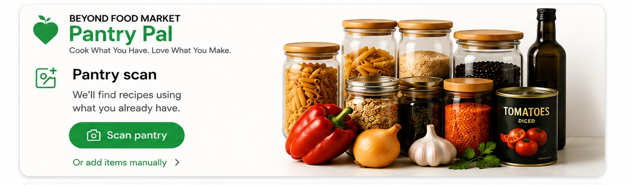 Pantry Pal pantry scan screen with a Scan pantry button beside jars of pasta, grains, beans and fresh vegetables