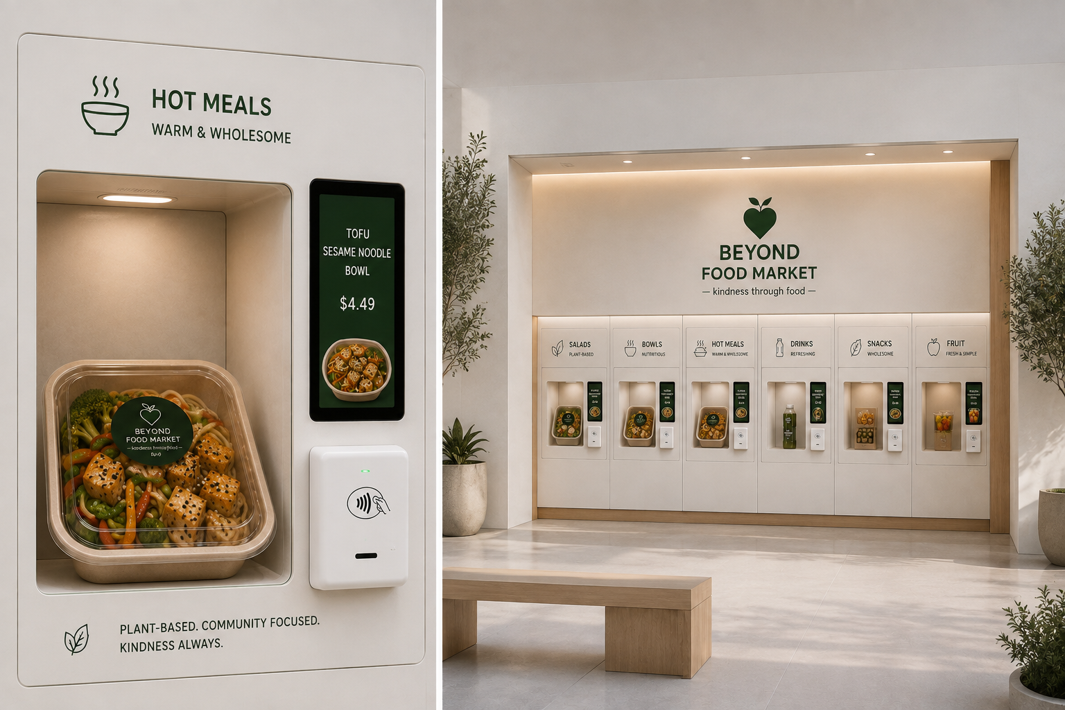 Concept of a Beyond Food Market wall of vending compartments offering hot meals, salads, bowls, drinks, snacks and fruit
