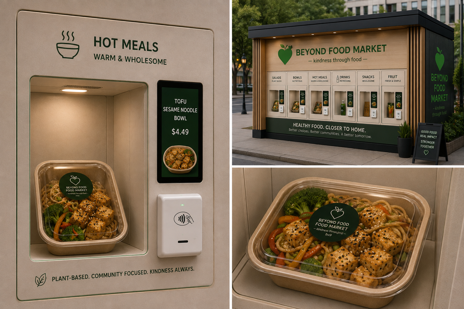 Concept renderings of a Beyond Food Market vending kiosk on a city sidewalk with plant-based meal options