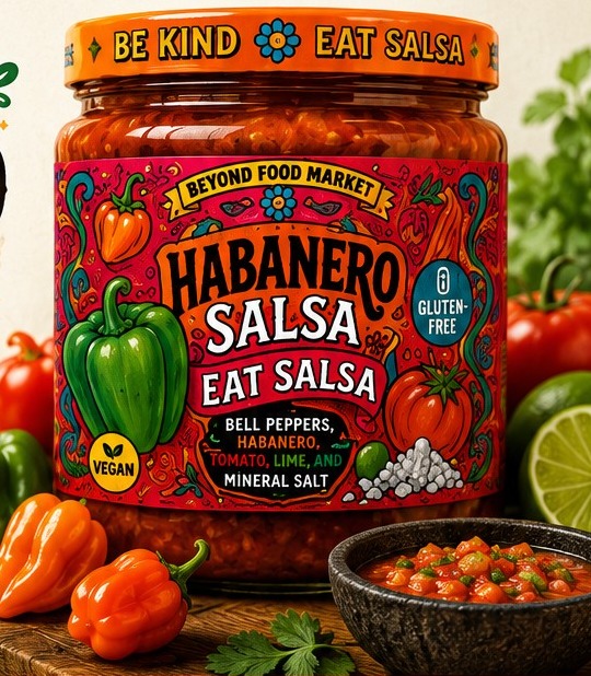 Beyond Food Market Habanero Salsa jar on a wooden board with fresh peppers, lime, and a bowl of salsa