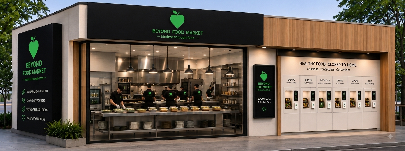 Concept rendering of a Beyond Food Market storefront with an open kitchen and a wall of cashless food compartments