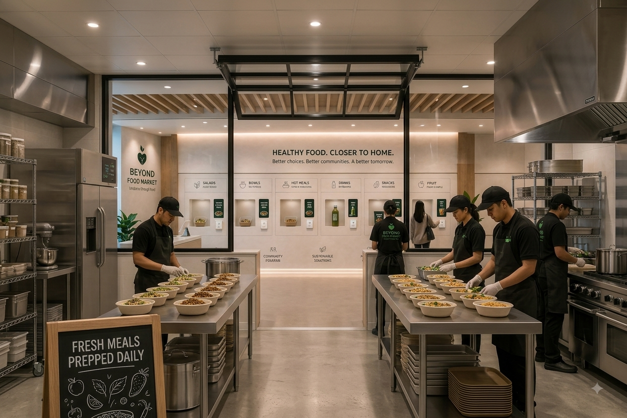 Concept rendering of the Beyond Food Market kitchen interior with team members portioning fresh grain bowls