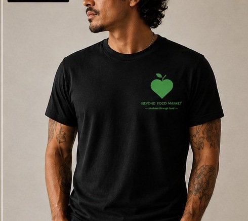 Front of the black Beyond Food Market t-shirt