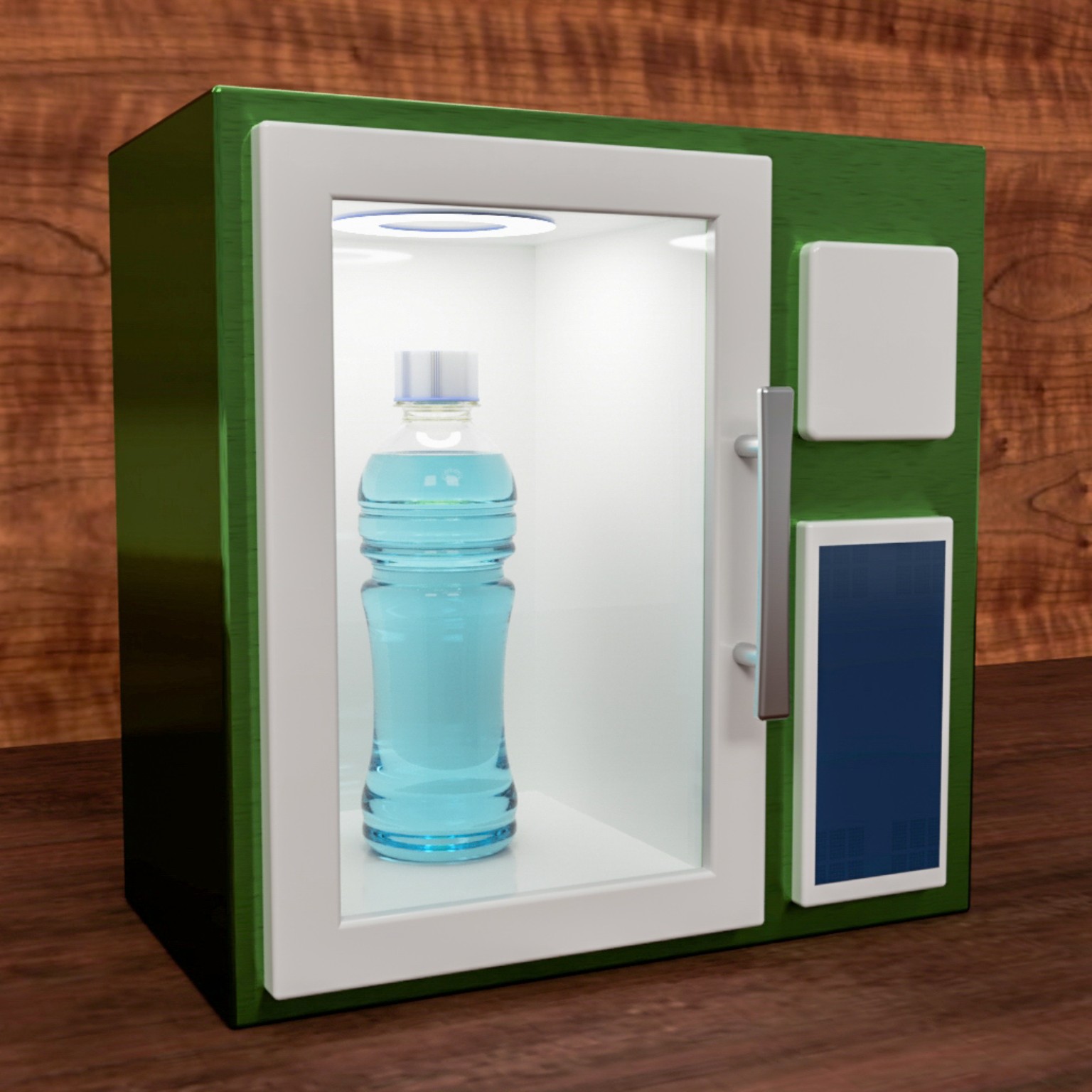 Beyond Food Market prototype vending box with lit interior holding a chilled beverage