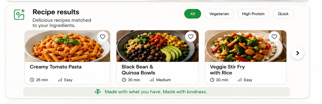 Pantry Pal recipe results with filters and matched plant-based recipe cards
