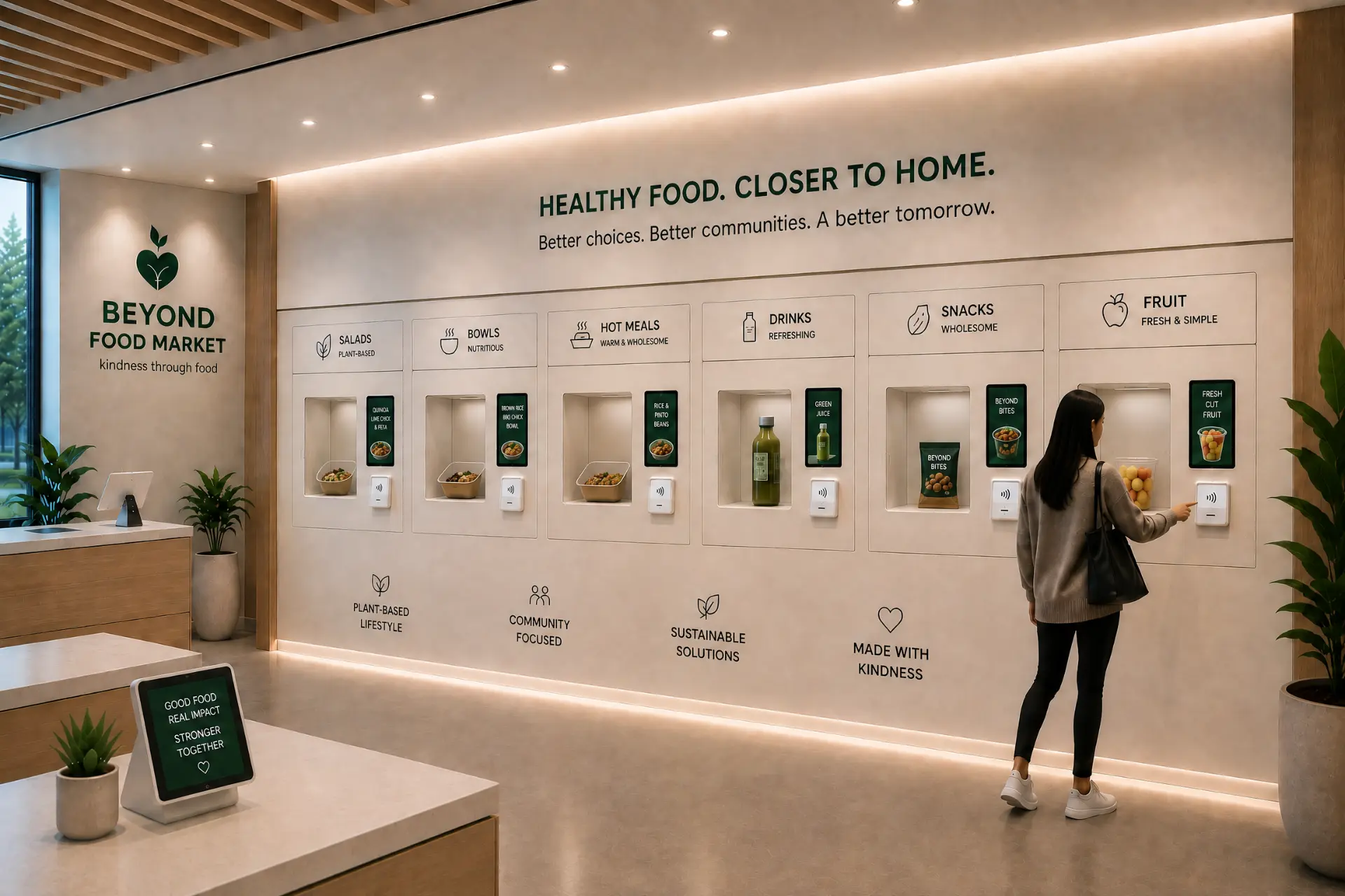 Concept rendering of multiple Beyond Food Market vending compartments together as one community food access wall