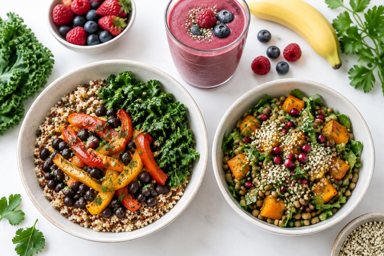 Whole-food plant-based bowls and a berry smoothie