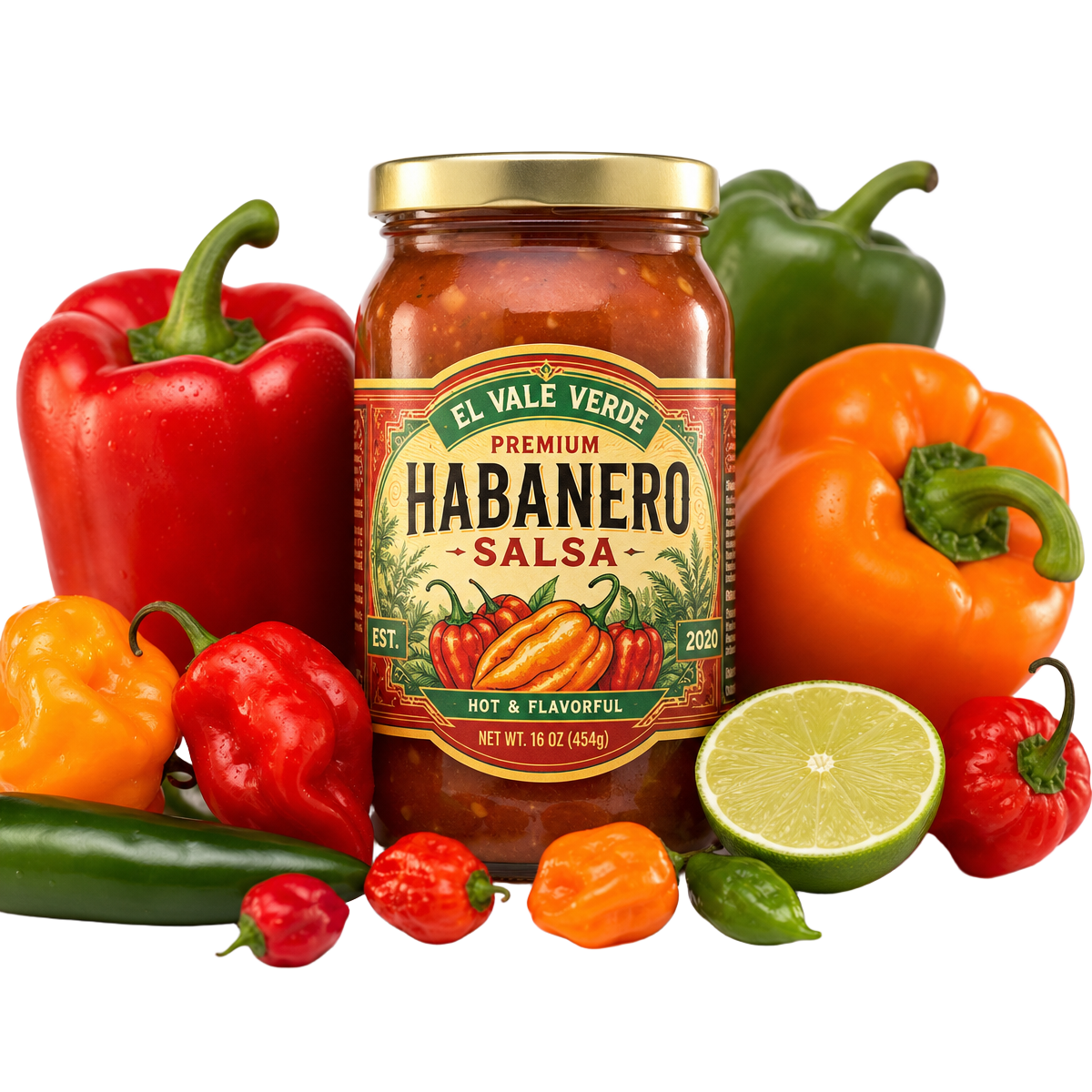Jar of Beyond Food Market habanero salsa surrounded by fresh peppers and lime